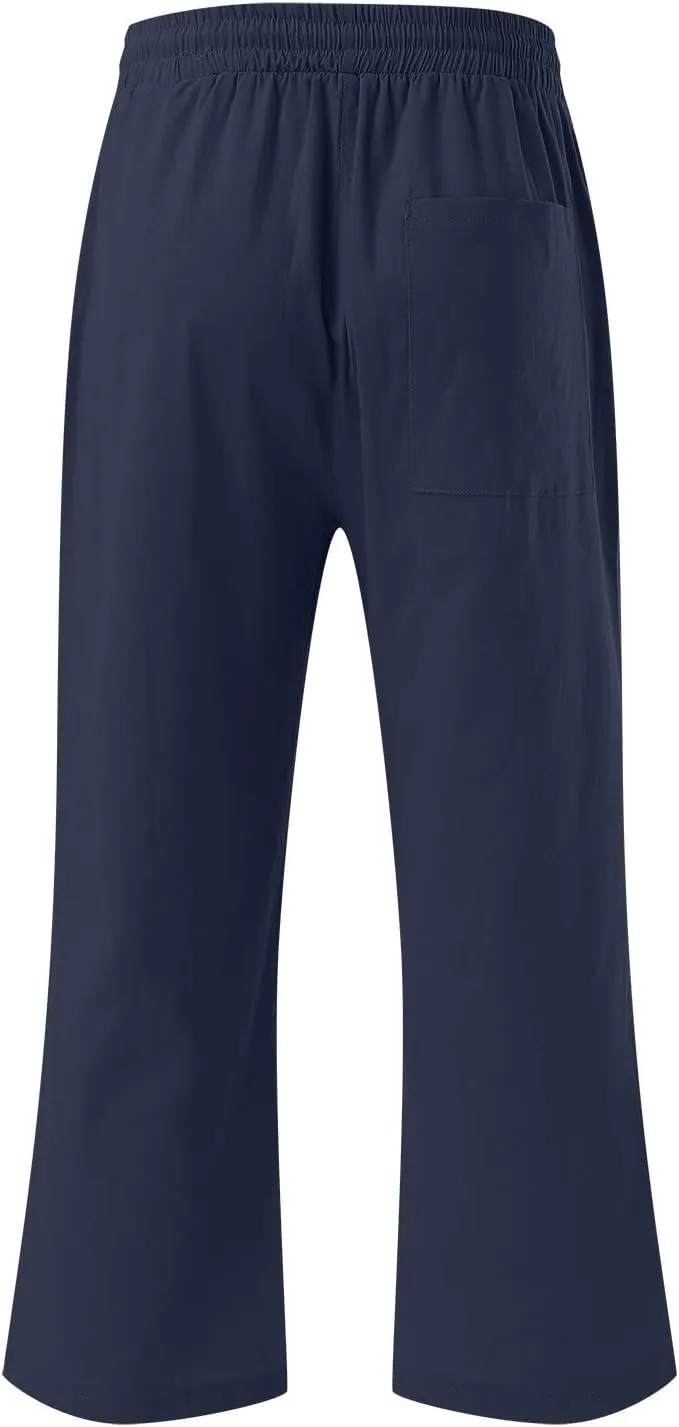 Capri Pants for Women Summer Casual Cotton Linen Straight Leg Pants 2025 Drawstring Elastic Waist Cropped Trouser