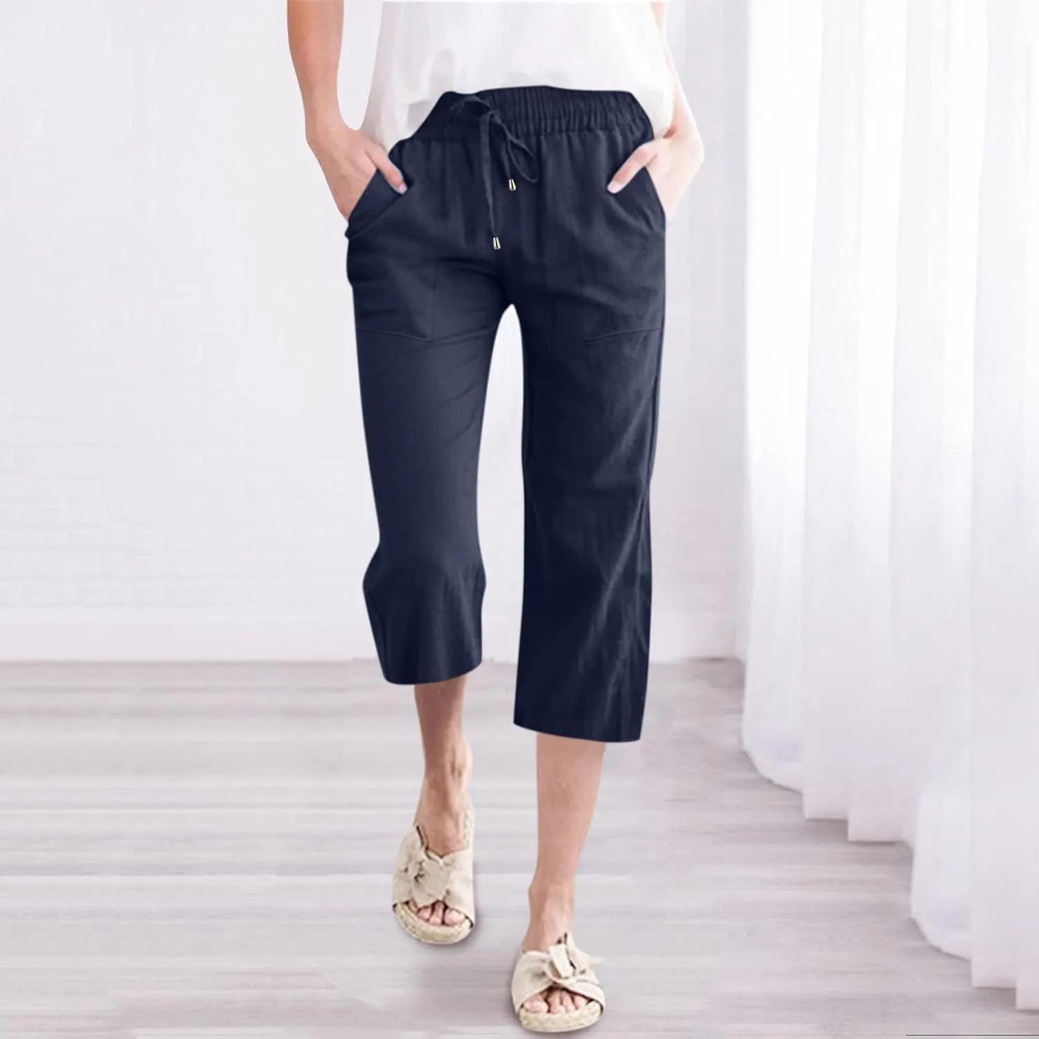 Capri Pants for Women Summer Casual Cotton Linen Straight Leg Pants 2025 Drawstring Elastic Waist Cropped Trouser