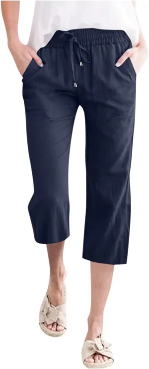 Capri Pants for Women Summer Casual Cotton Linen Straight Leg Pants 2025 Drawstring Elastic Waist Cropped Trouser