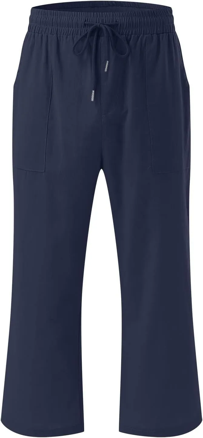 Capri Pants for Women Summer Casual Cotton Linen Straight Leg Pants 2025 Drawstring Elastic Waist Cropped Trouser