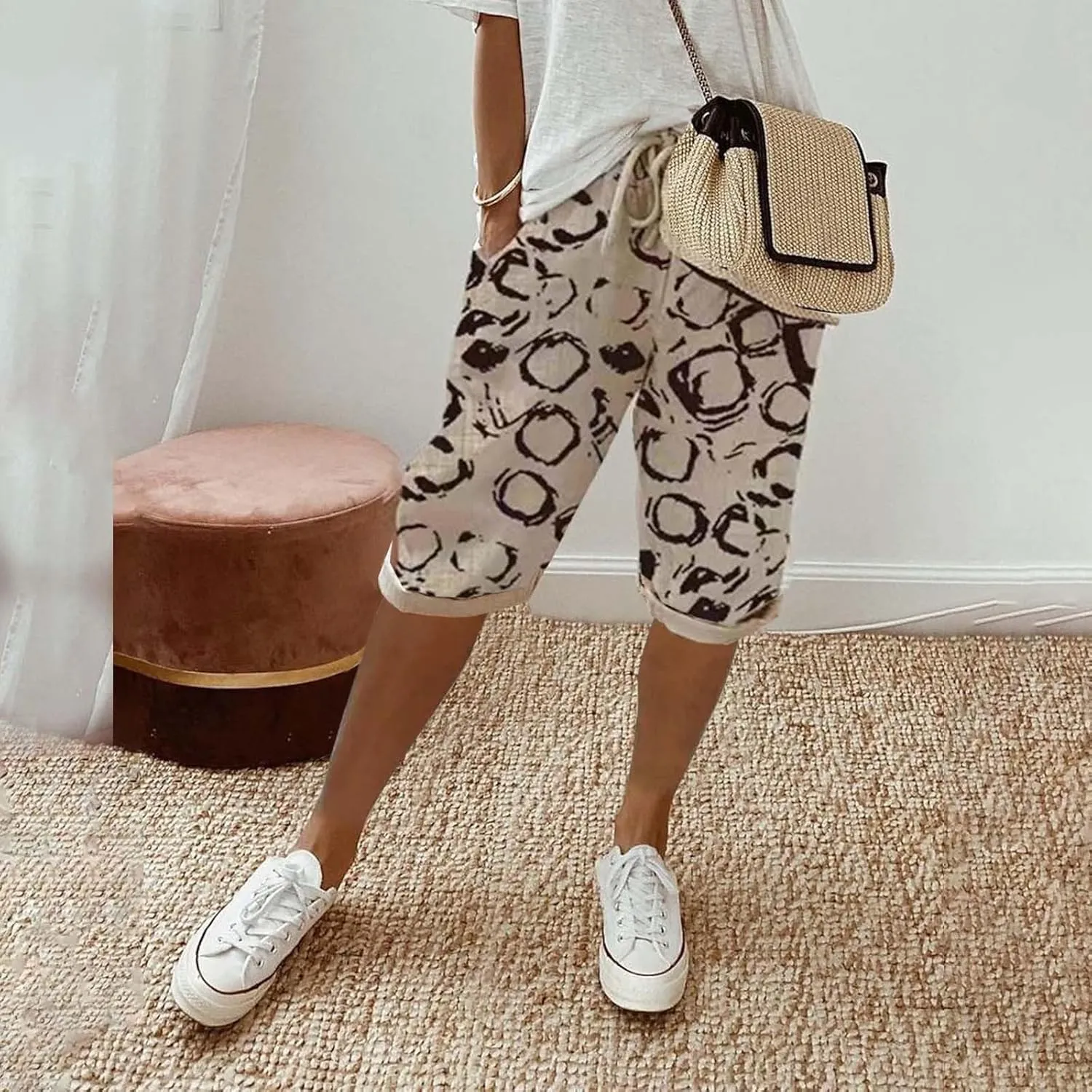 Capris Pants for Women Cotton Linen Summer 2025 Straight Wide Leg Loose Drawstring Elastic Waist Cropped Trouser