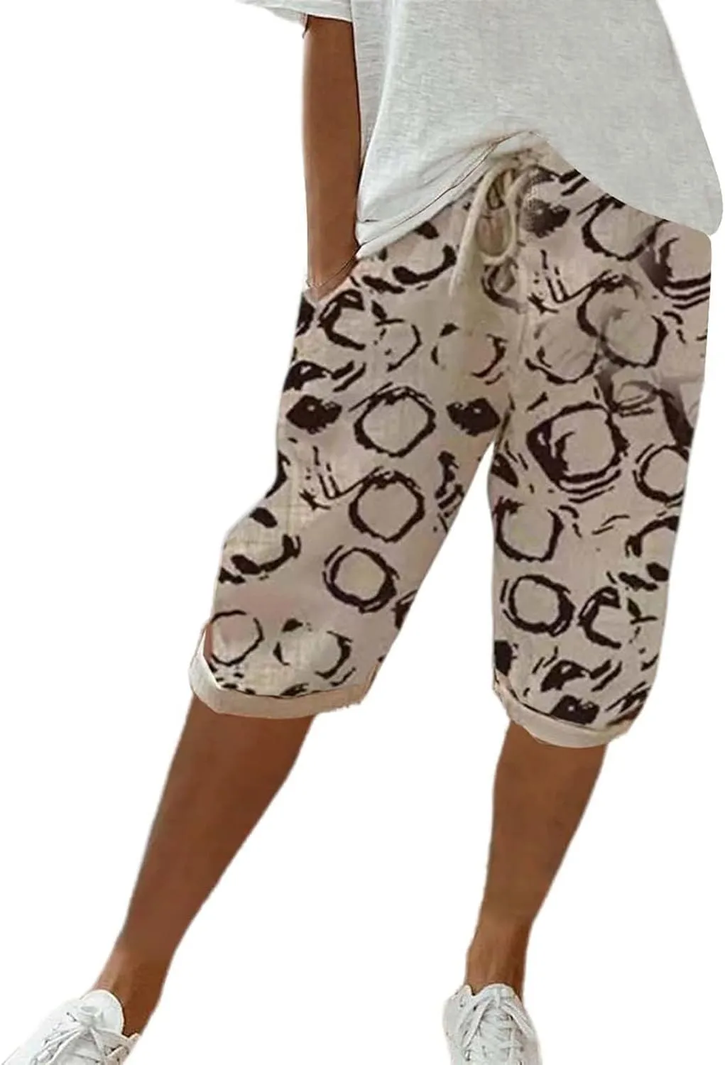 Capris Pants for Women Cotton Linen Summer 2025 Straight Wide Leg Loose Drawstring Elastic Waist Cropped Trouser