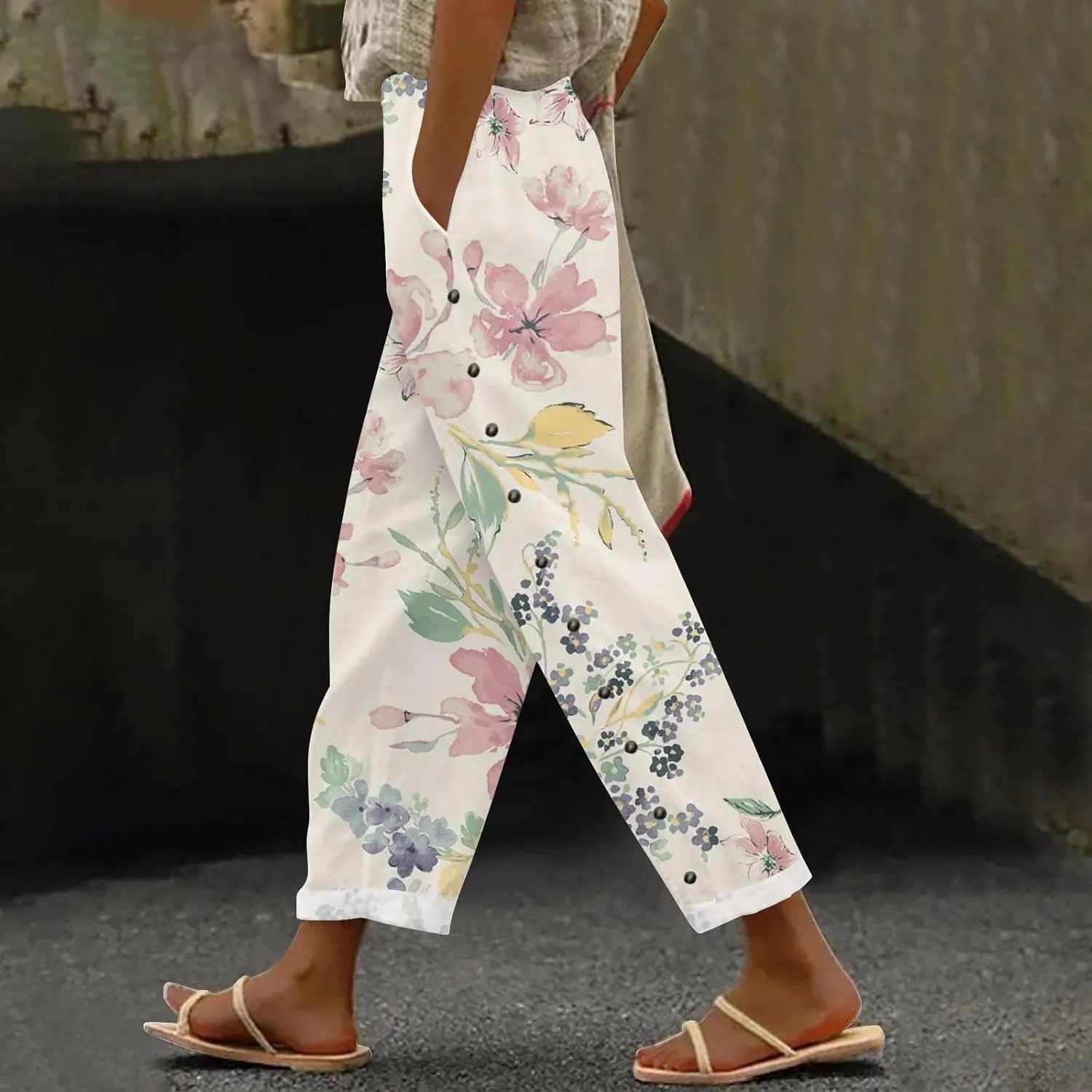 Capris Pants for Women Striped Elastic Waistband High Waistband Pocket Pants Side Nine Point Loose Casual