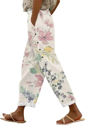 Capris Pants for Women Striped Elastic Waistband High Waistband Pocket Pants Side Nine Point Loose Casual