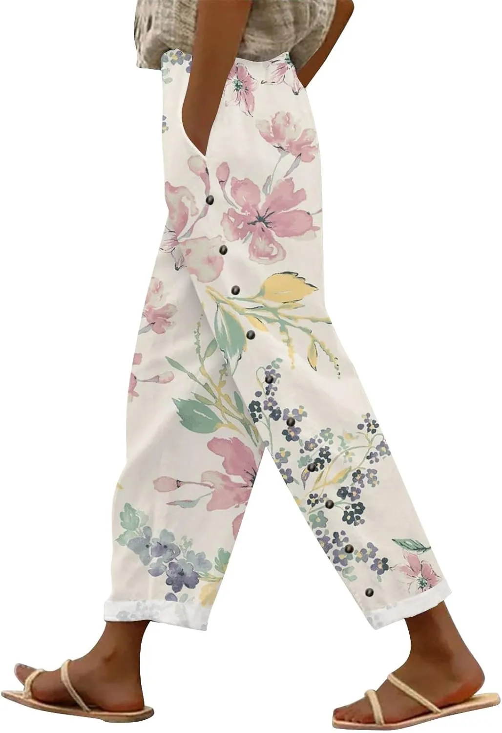 Capris Pants for Women Striped Elastic Waistband High Waistband Pocket Pants Side Nine Point Loose Casual