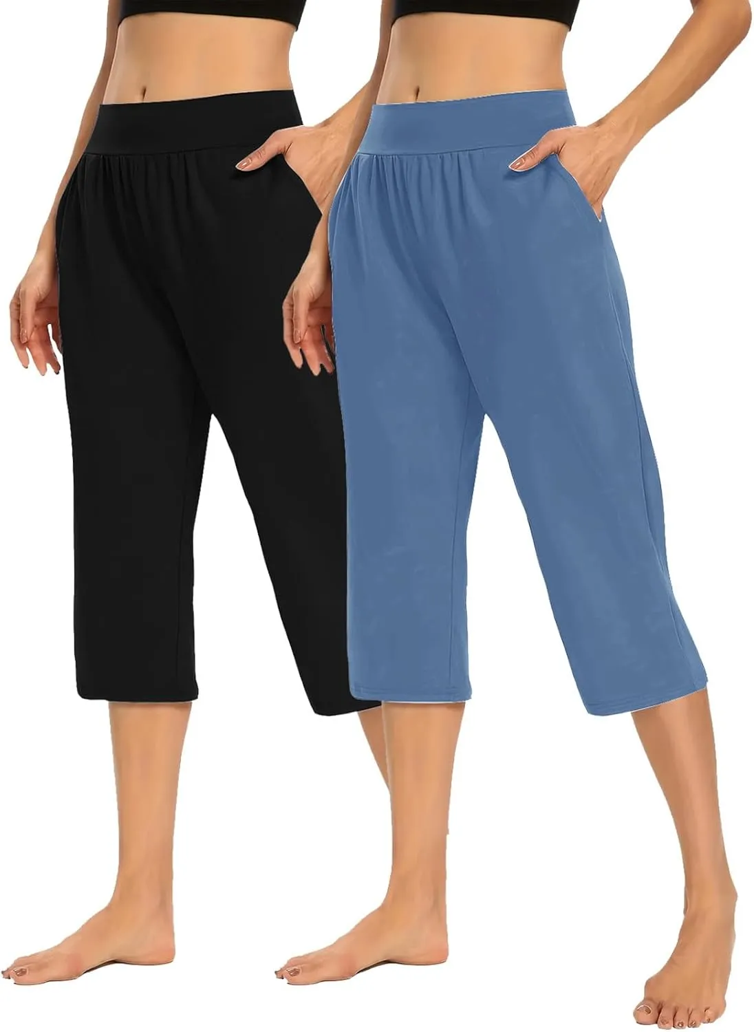 Casual Pants for Women 2 Piece Tummy Control Capri Yoga Pants Straight Leg Leggings Loose Fit Casual Work Pants