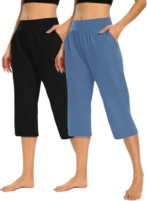 Casual Pants for Women 2 Piece Tummy Control Capri Yoga Pants Straight Leg Leggings Loose Fit Casual Work Pants
