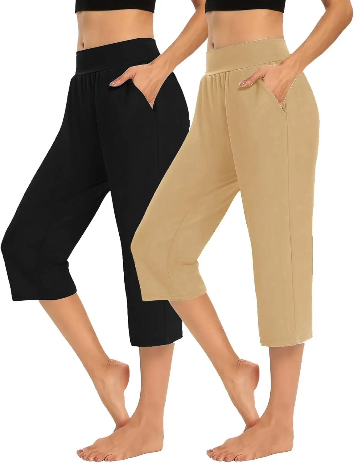 Casual Pants for Women 2 Piece Tummy Control Capri Yoga Pants Straight Leg Leggings Loose Fit Casual Work Pants