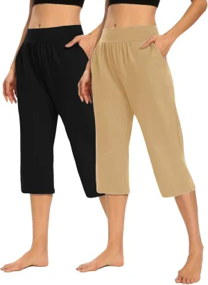 Casual Pants for Women 2 Piece Tummy Control Capri Yoga Pants Straight Leg Leggings Loose Fit Casual Work Pants