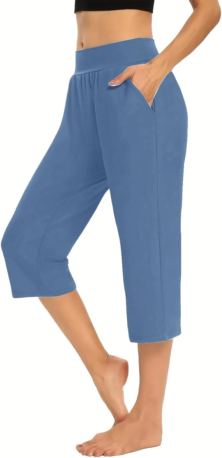 Casual Pants for Women 2 Piece Tummy Control Capri Yoga Pants Straight Leg Leggings Loose Fit Casual Work Pants