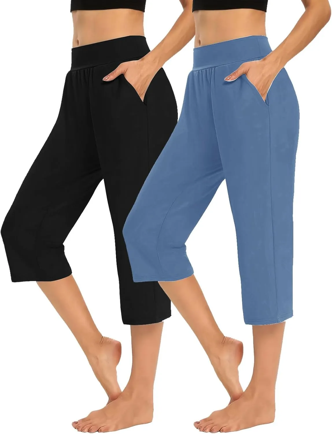 Casual Pants for Women 2 Piece Tummy Control Capri Yoga Pants Straight Leg Leggings Loose Fit Casual Work Pants