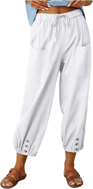 Ceboyel Womens Drawstring Linen Pants High Waist Boho Pant Summer Casual Trousers Dressy Casual Beach Outfits 2023