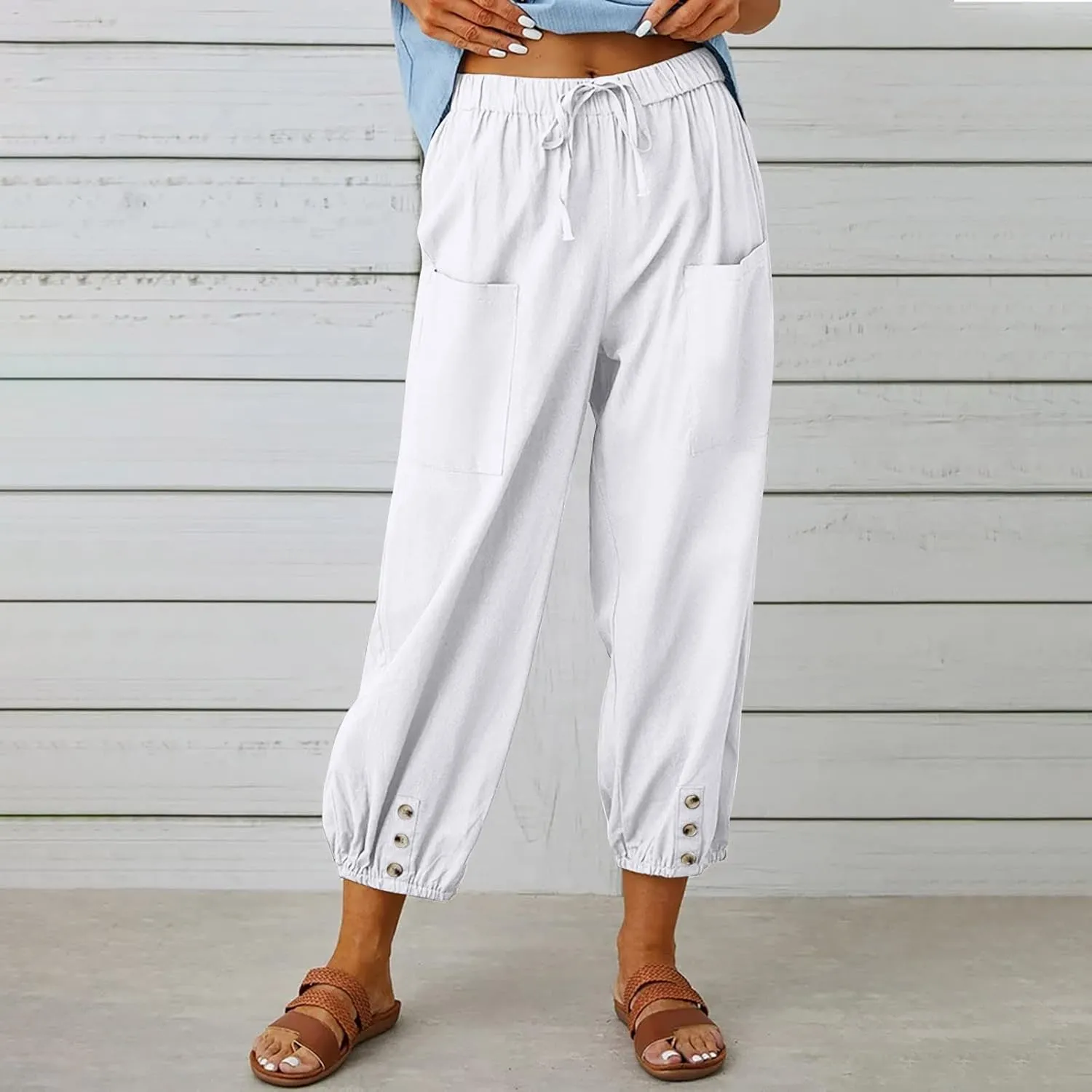 Ceboyel Womens Drawstring Linen Pants High Waist Boho Pant Summer Casual Trousers Dressy Casual Beach Outfits 2023
