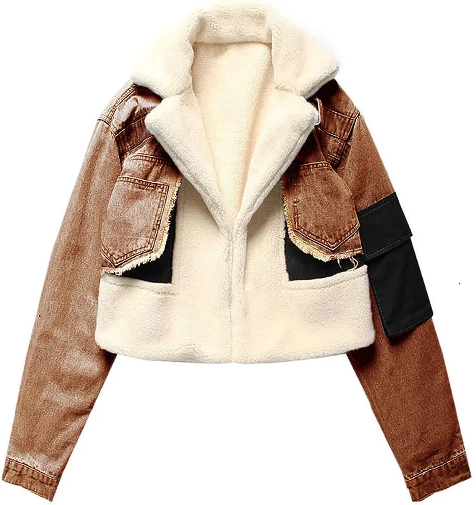 CHARTOU Women's Trendy Sherpa Fleece Patchwork Ripped Moto Biker Thick Quilted Denim Jacket Short Coat