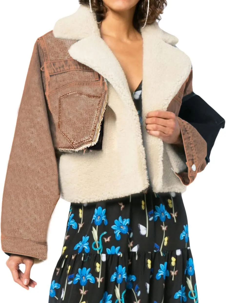 CHARTOU Women's Trendy Sherpa Fleece Patchwork Ripped Moto Biker Thick Quilted Denim Jacket Short Coat