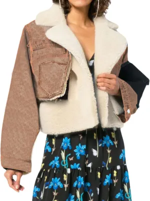 CHARTOU Women's Trendy Sherpa Fleece Patchwork Ripped Moto Biker Thick Quilted Denim Jacket Short Coat