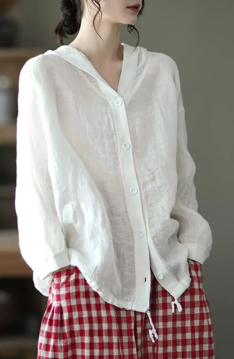 chouyatou Women's Spring Summer Oversized Button Down Hooded Linen Shirt Jacket Top