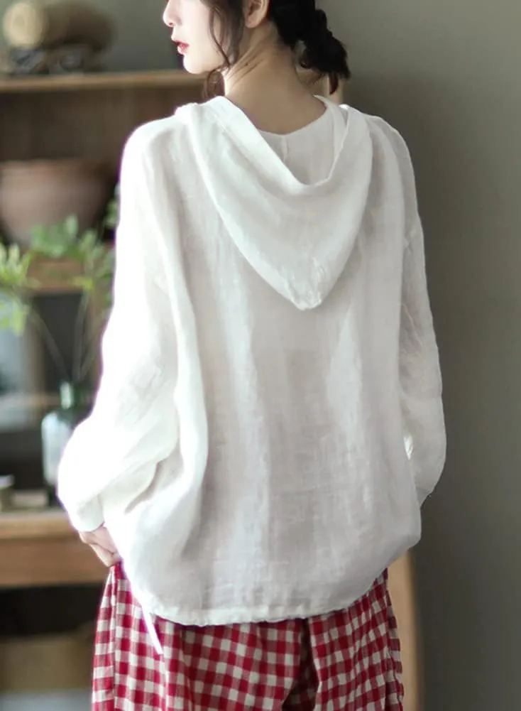 chouyatou Women's Spring Summer Oversized Button Down Hooded Linen Shirt Jacket Top