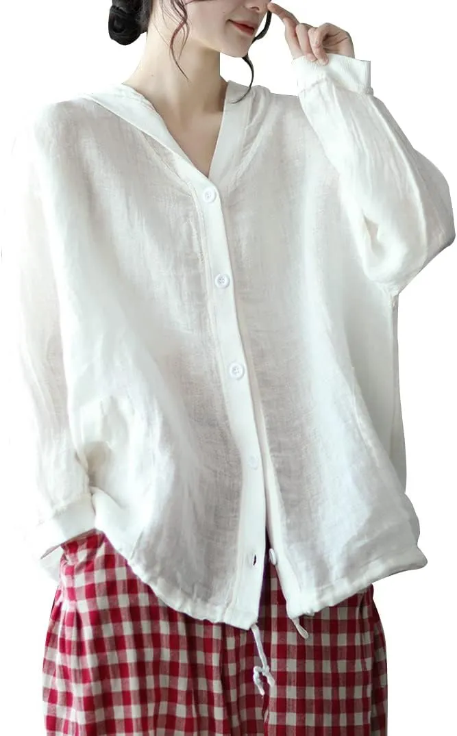 chouyatou Women's Spring Summer Oversized Button Down Hooded Linen Shirt Jacket Top