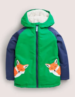 Colourblock Sherpa-Lined Fox Print Anorak-Highland Green Fox