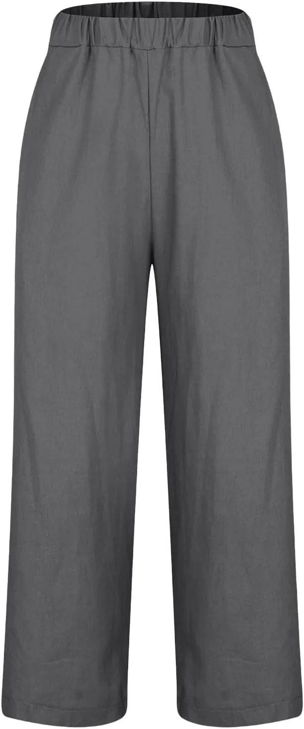 Comfy Womans Dress Pants Summer Loose Cotton Linen Pants Vacation Casual Beach Trousers Flowy Slacks with Pockets