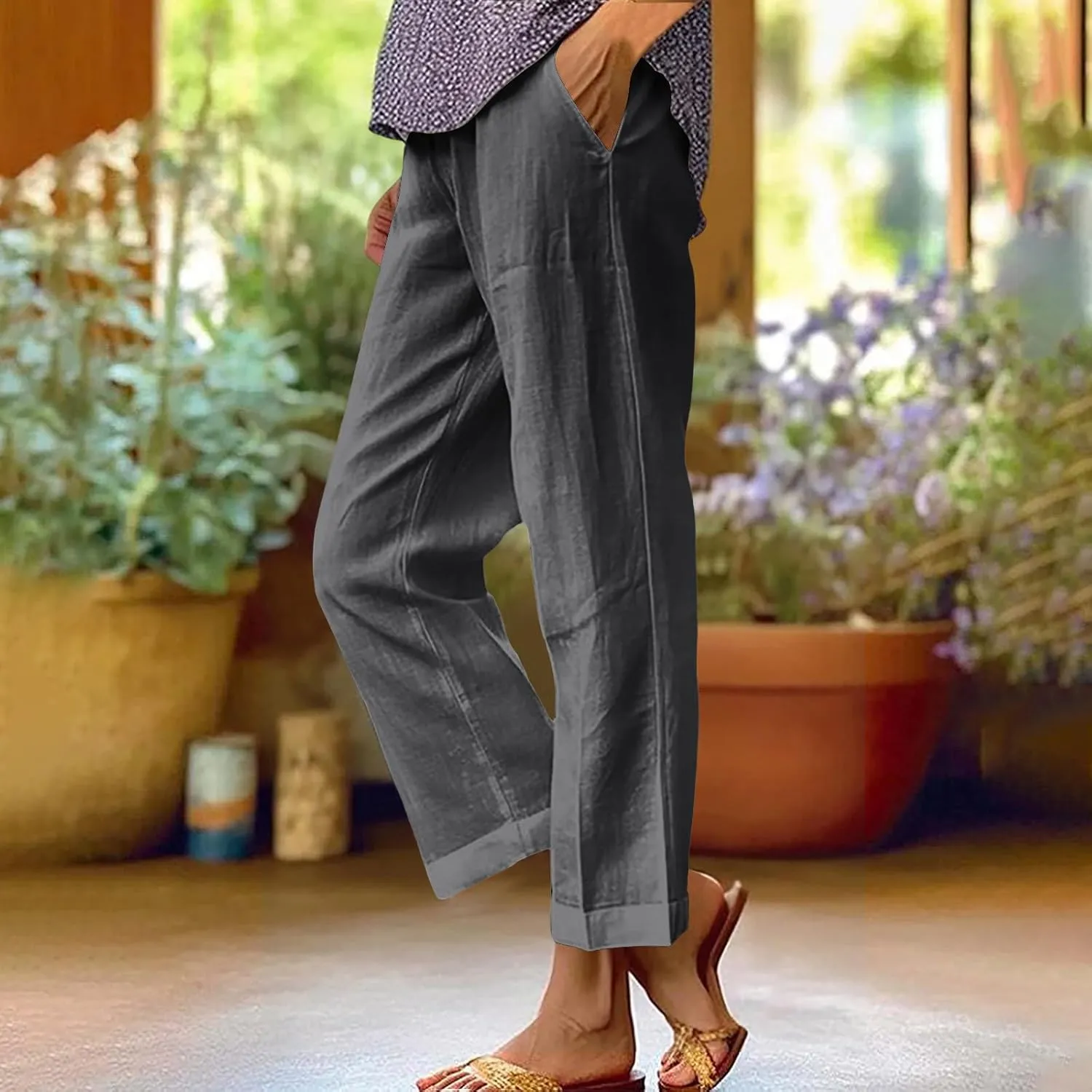 Comfy Womans Dress Pants Summer Loose Cotton Linen Pants Vacation Casual Beach Trousers Flowy Slacks with Pockets