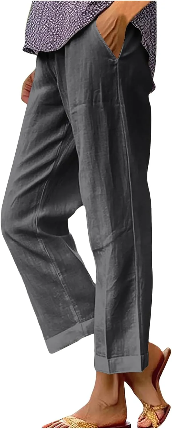 Comfy Womans Dress Pants Summer Loose Cotton Linen Pants Vacation Casual Beach Trousers Flowy Slacks with Pockets