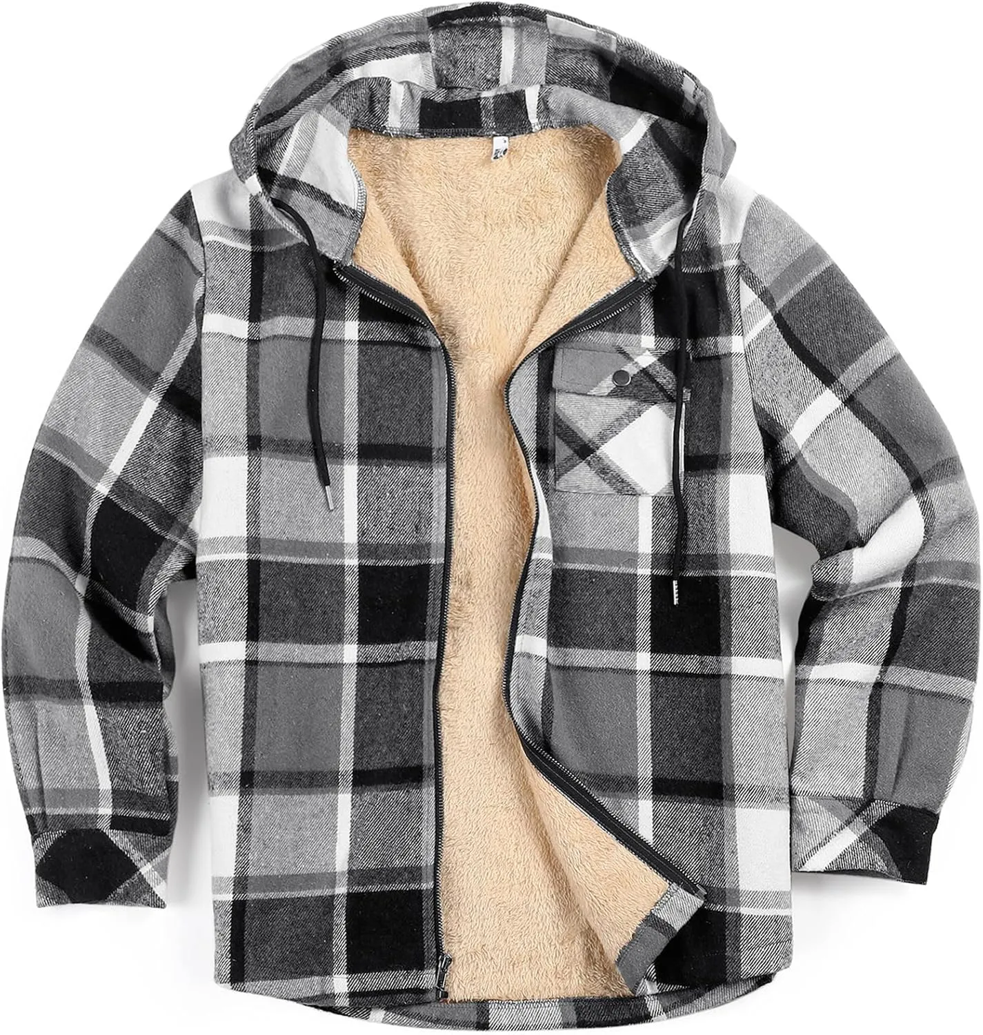 COOFANDY Men's Flannel Fleece Jacket Sherpa Lined Shirt Jacket Plaid Zip Up Hoodie Soft Warm Coat with Hood