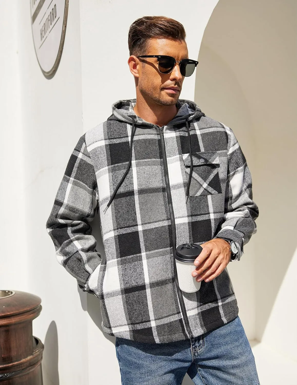 COOFANDY Men's Flannel Fleece Jacket Sherpa Lined Shirt Jacket Plaid Zip Up Hoodie Soft Warm Coat with Hood