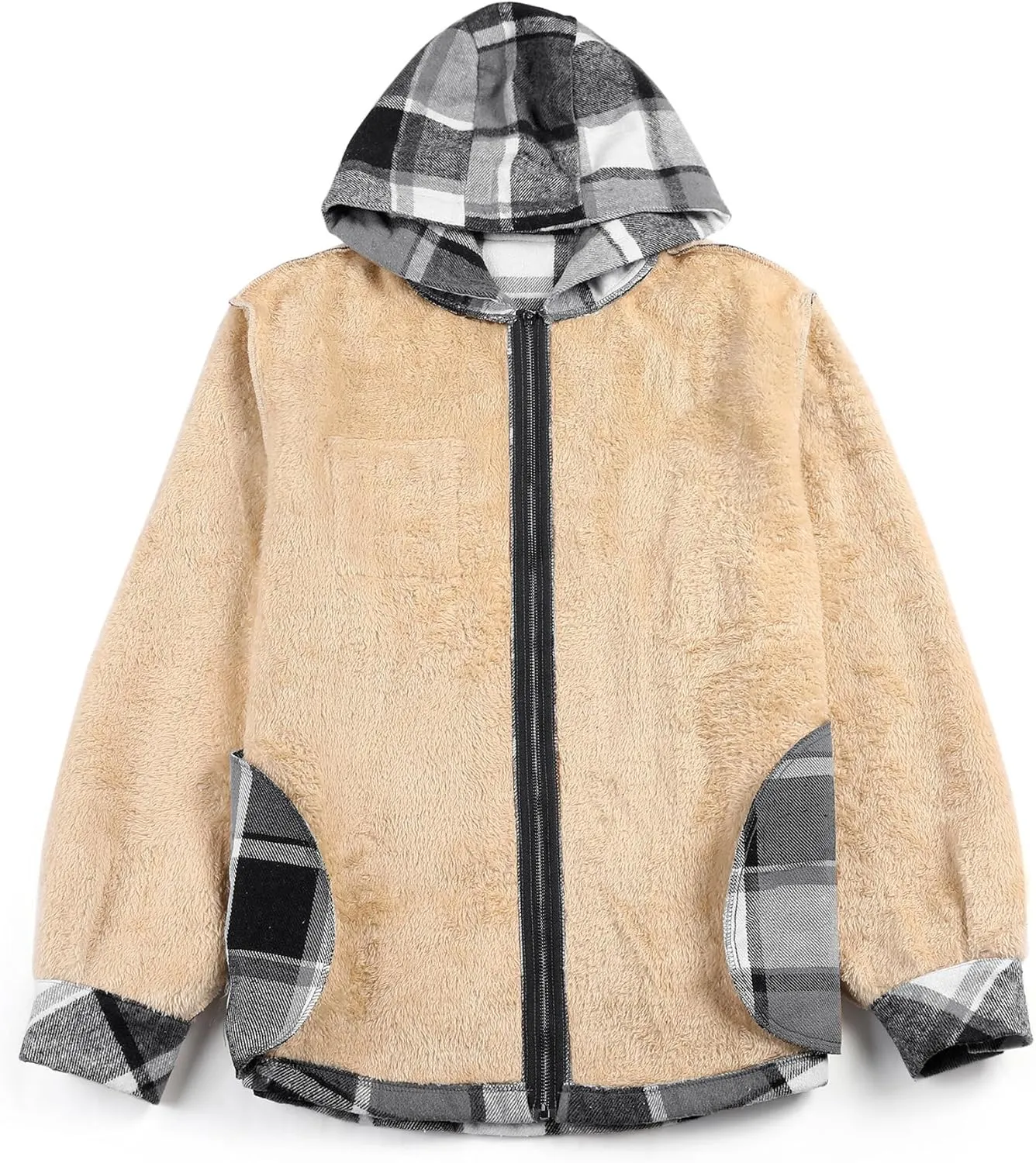 COOFANDY Men's Flannel Fleece Jacket Sherpa Lined Shirt Jacket Plaid Zip Up Hoodie Soft Warm Coat with Hood