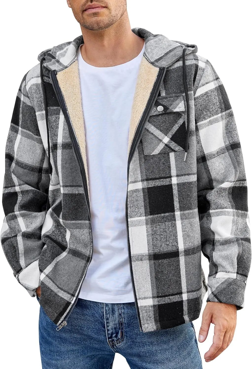 COOFANDY Men's Flannel Fleece Jacket Sherpa Lined Shirt Jacket Plaid Zip Up Hoodie Soft Warm Coat with Hood