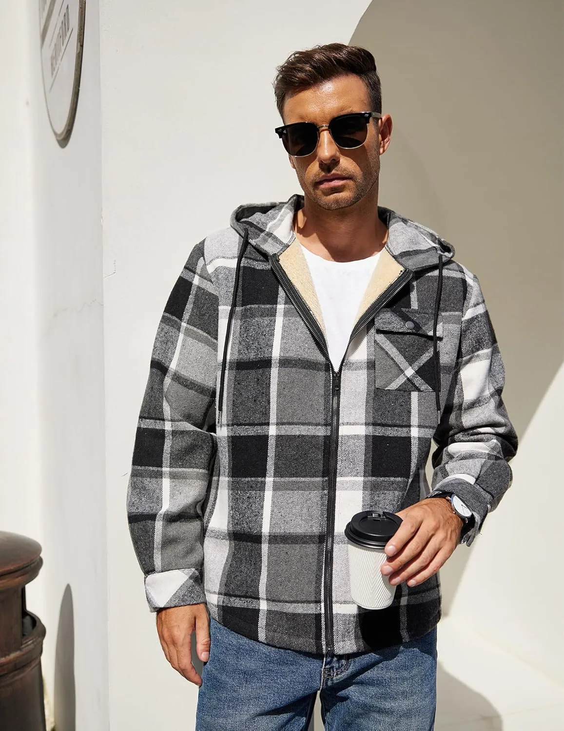 COOFANDY Men's Flannel Fleece Jacket Sherpa Lined Shirt Jacket Plaid Zip Up Hoodie Soft Warm Coat with Hood