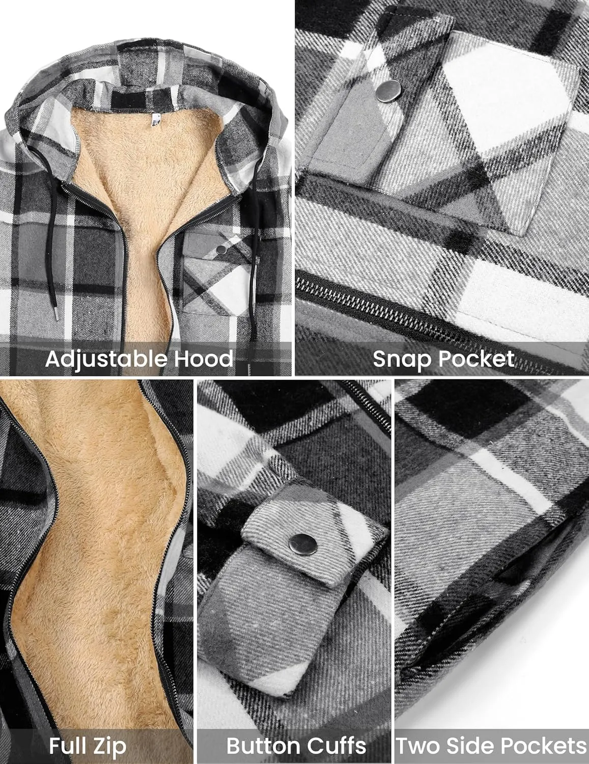 COOFANDY Men's Flannel Fleece Jacket Sherpa Lined Shirt Jacket Plaid Zip Up Hoodie Soft Warm Coat with Hood