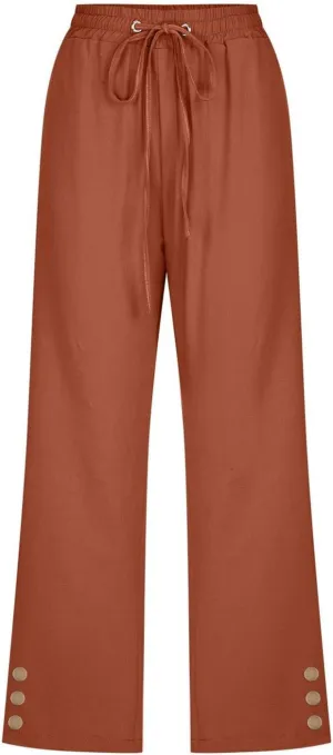 Cotton Linen Capri Pants for Women High Elastic Waisted Drawstring Cropped Wide Leg Linen Palazzo Trouser with Pocket