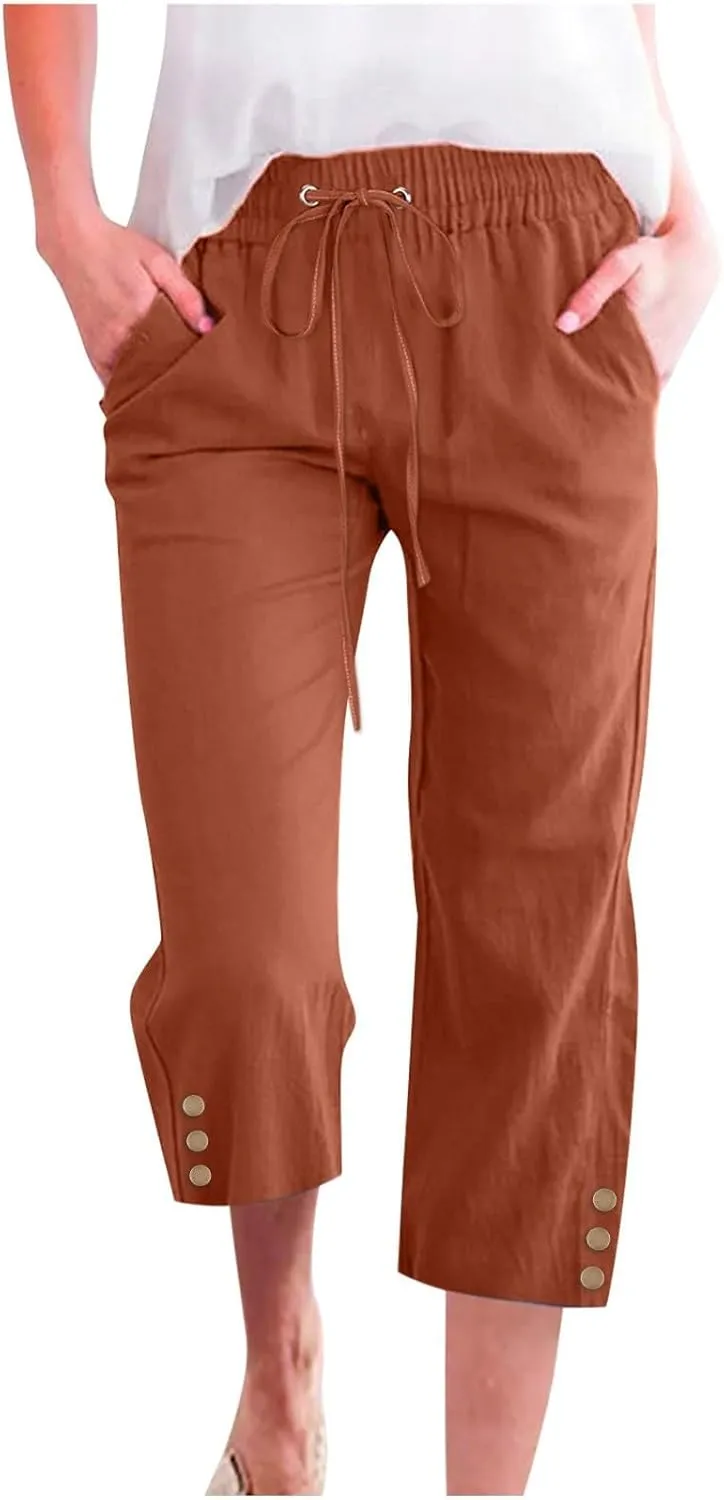 Cotton Linen Capri Pants for Women High Elastic Waisted Drawstring Cropped Wide Leg Linen Palazzo Trouser with Pocket