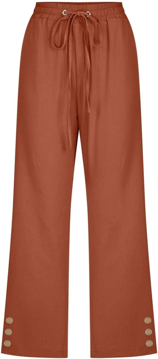 Cotton Linen Capri Pants for Women High Elastic Waisted Drawstring Cropped Wide Leg Linen Palazzo Trouser with Pocket