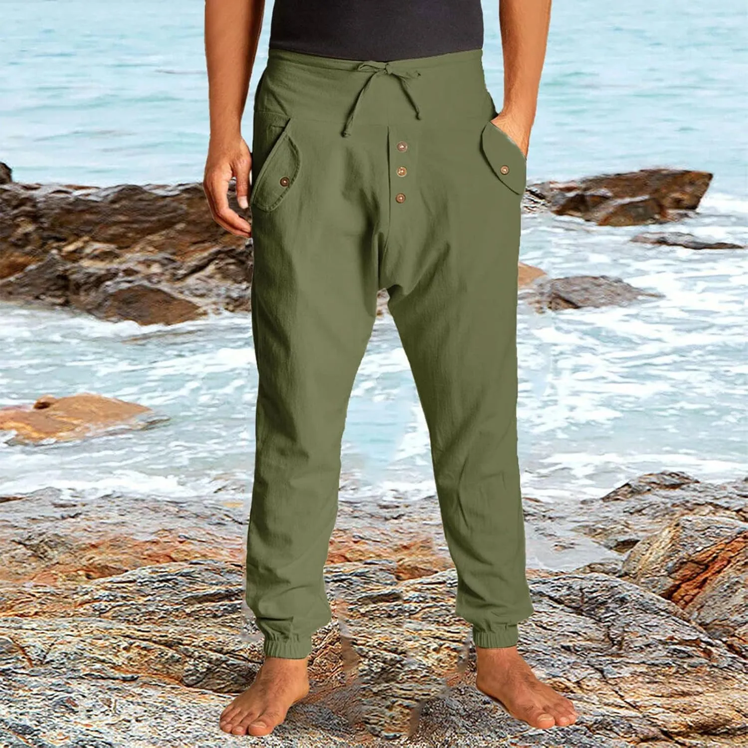 Cotton Linen Pants for Men High Rise Stretch Pants Loose Fit Simple Trousers Casual Trousers with Button Decoration