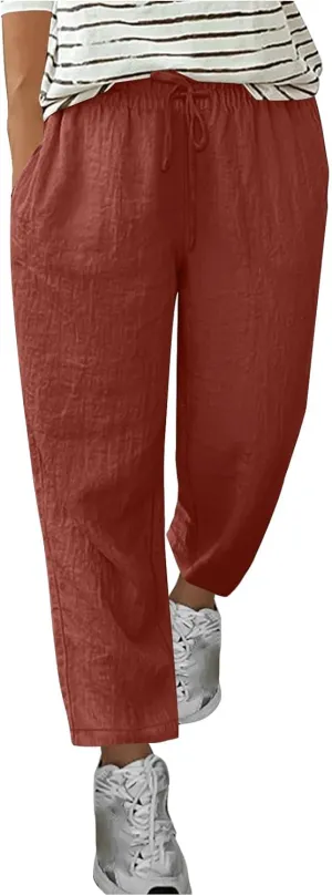 Cotton Linen Pants for Women Casual Elastic Waist Summer Pants 2025 Loose Fit Lounge Plus Size Trousers with Pockets