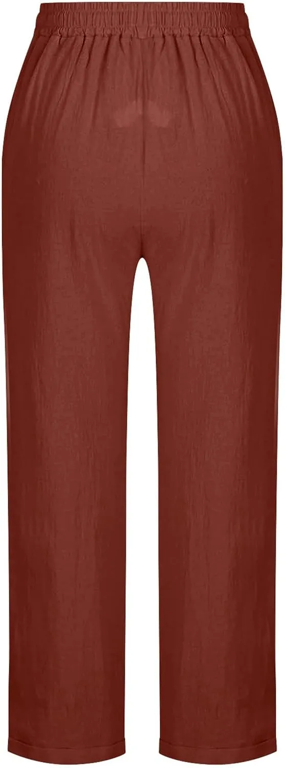 Cotton Linen Pants for Women Casual Elastic Waist Summer Pants 2025 Loose Fit Lounge Plus Size Trousers with Pockets