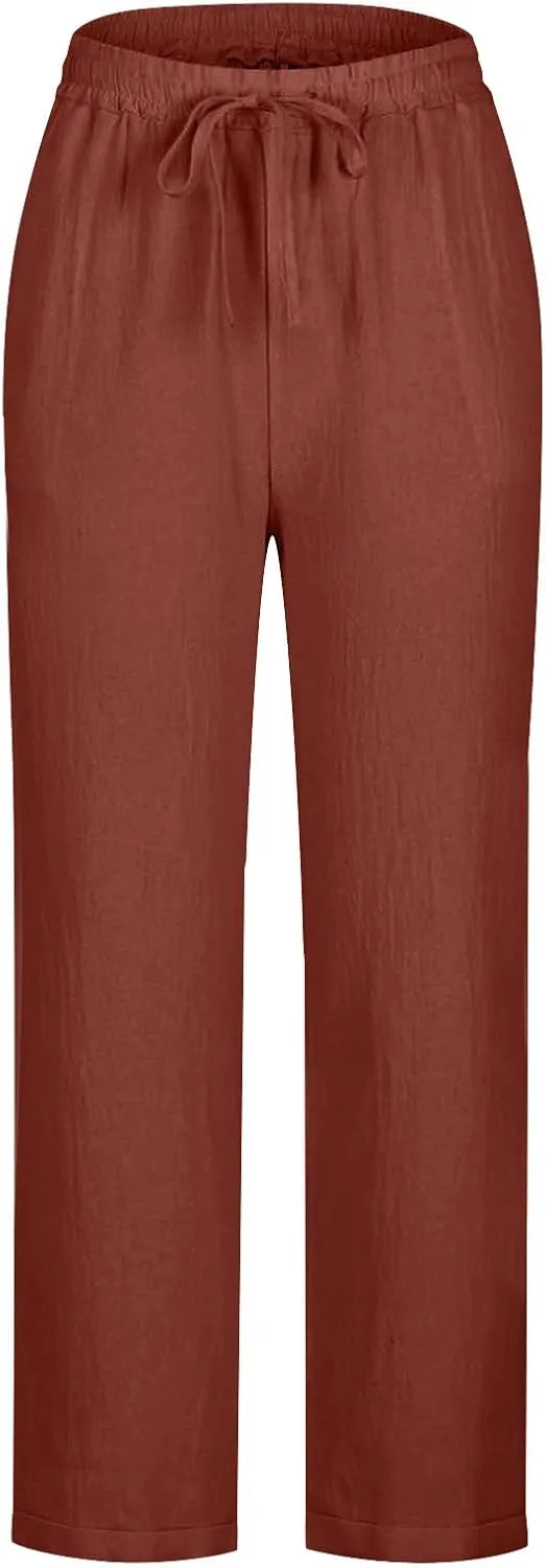 Cotton Linen Pants for Women Casual Elastic Waist Summer Pants 2025 Loose Fit Lounge Plus Size Trousers with Pockets
