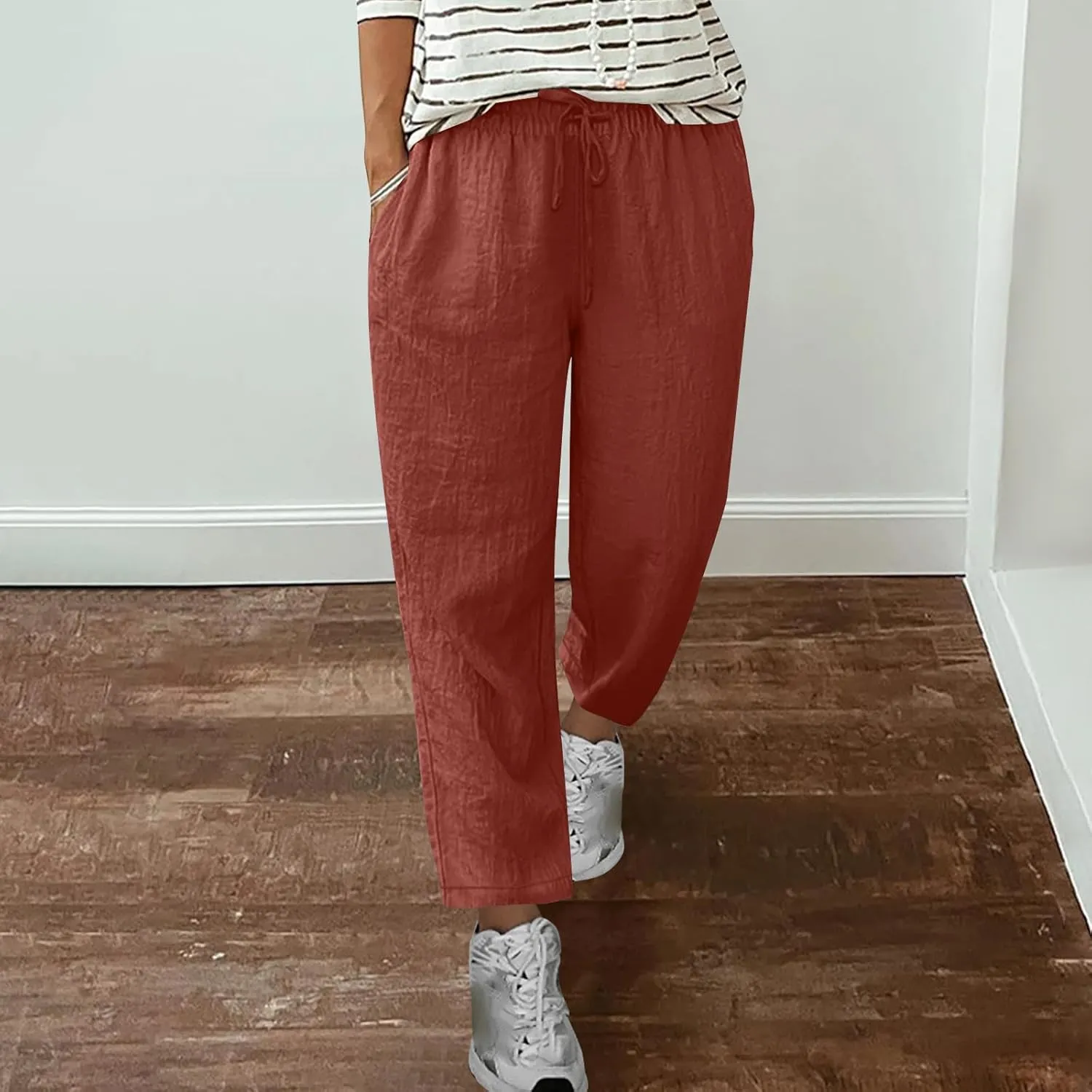 Cotton Linen Pants for Women Casual Elastic Waist Summer Pants 2025 Loose Fit Lounge Plus Size Trousers with Pockets