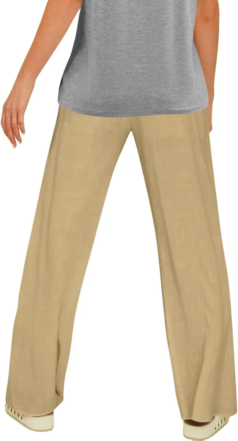 Cotton Linen Pants for Women Comfy Sweatpants Casual Loose Wide Leg Trousers with Pockets Summer Loose Beach Pants