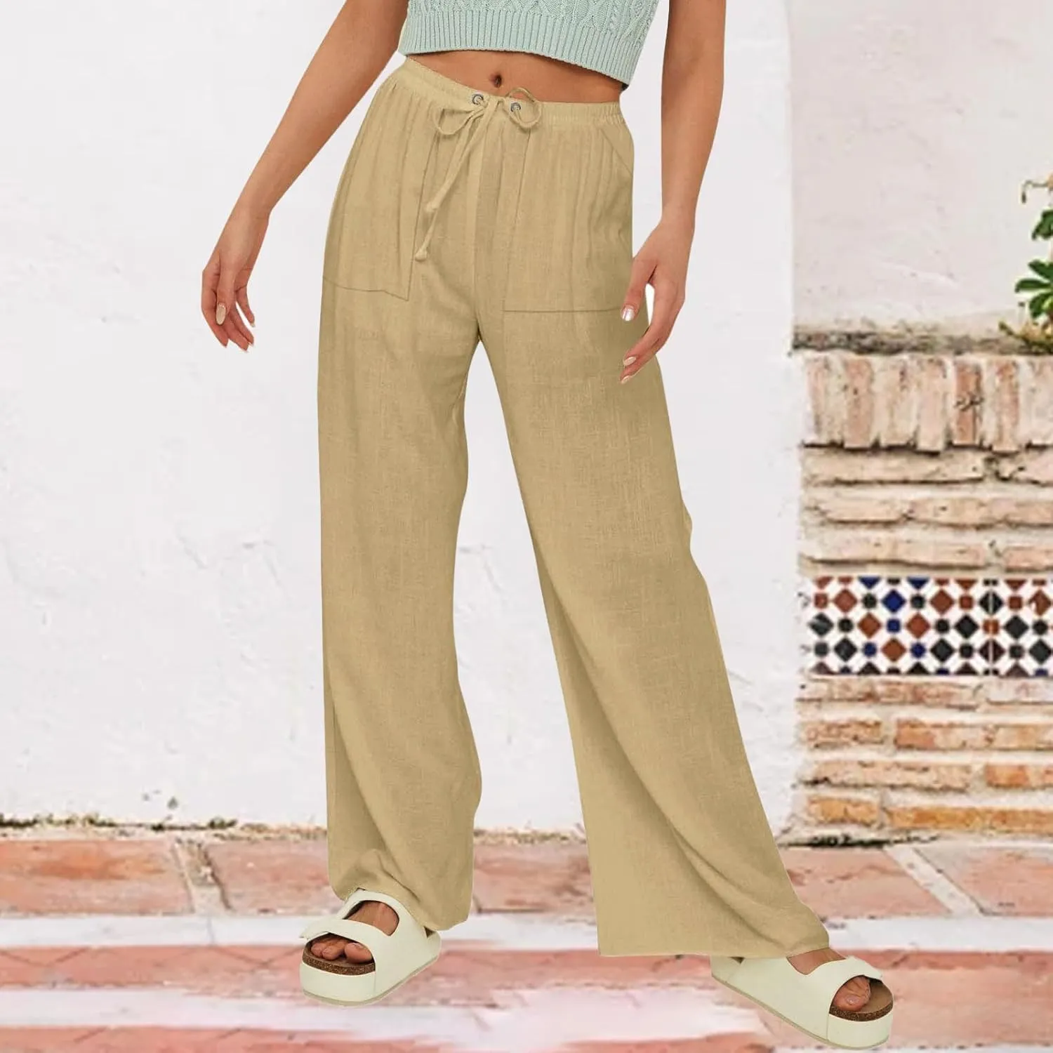 Cotton Linen Pants for Women Comfy Sweatpants Casual Loose Wide Leg Trousers with Pockets Summer Loose Beach Pants