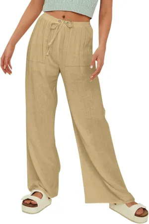 Cotton Linen Pants for Women Comfy Sweatpants Casual Loose Wide Leg Trousers with Pockets Summer Loose Beach Pants