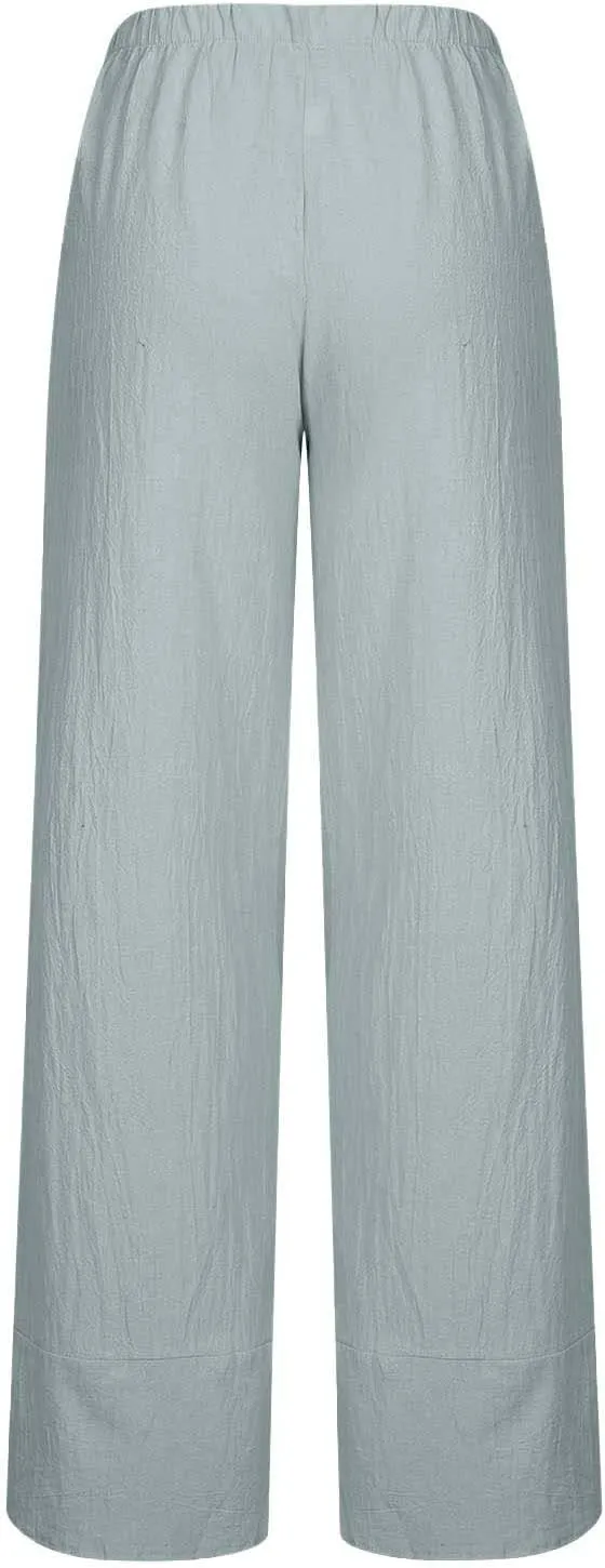 Cotton Linen Pants for Women High Waist Casual Wide Leg Pants Fashion Solid Loose Lounge Trousers with Pockets