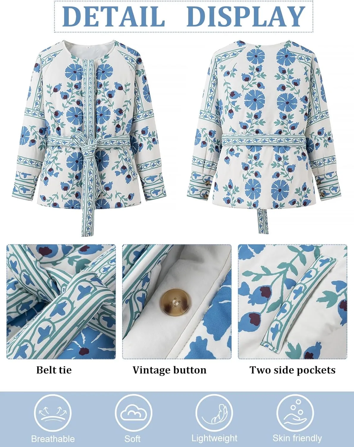 COZYPOIN Women Floral Printed Quilted Jacket Colorblock Lightweight Padded Jacket Puffer Coat Outwear