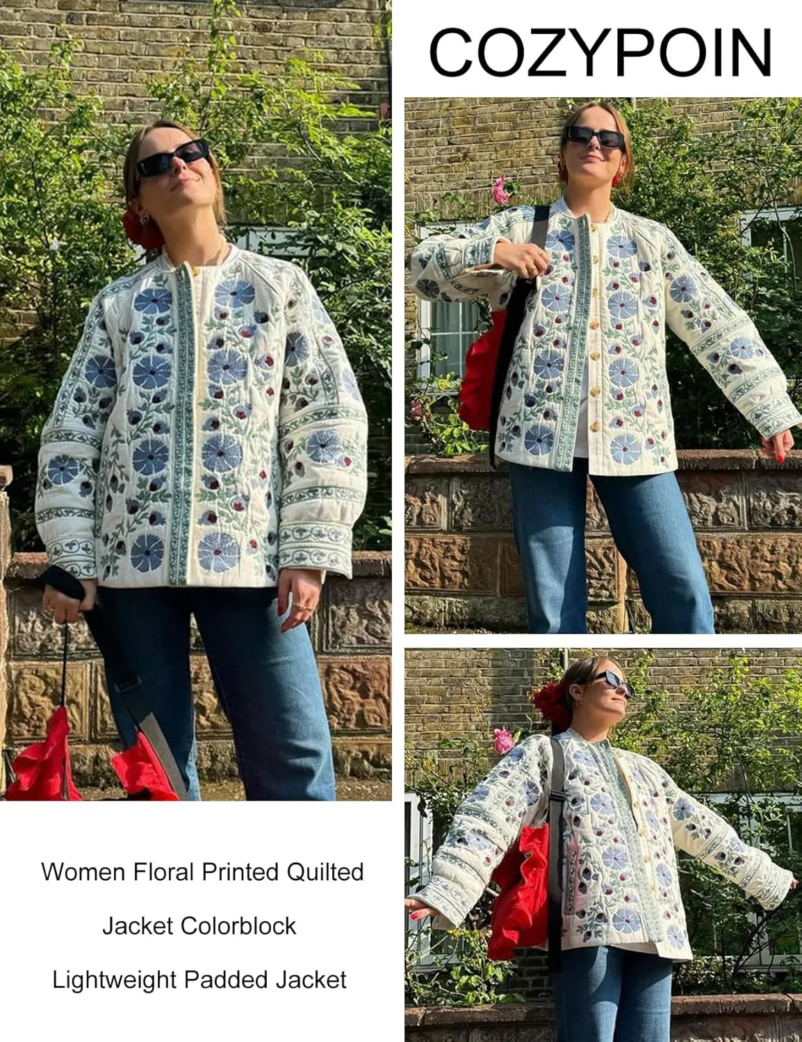 COZYPOIN Women Floral Printed Quilted Jacket Colorblock Lightweight Padded Jacket Puffer Coat Outwear