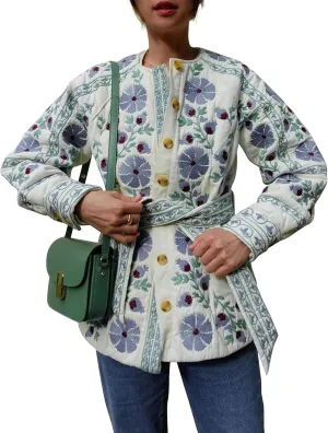 COZYPOIN Women Floral Printed Quilted Jacket Colorblock Lightweight Padded Jacket Puffer Coat Outwear