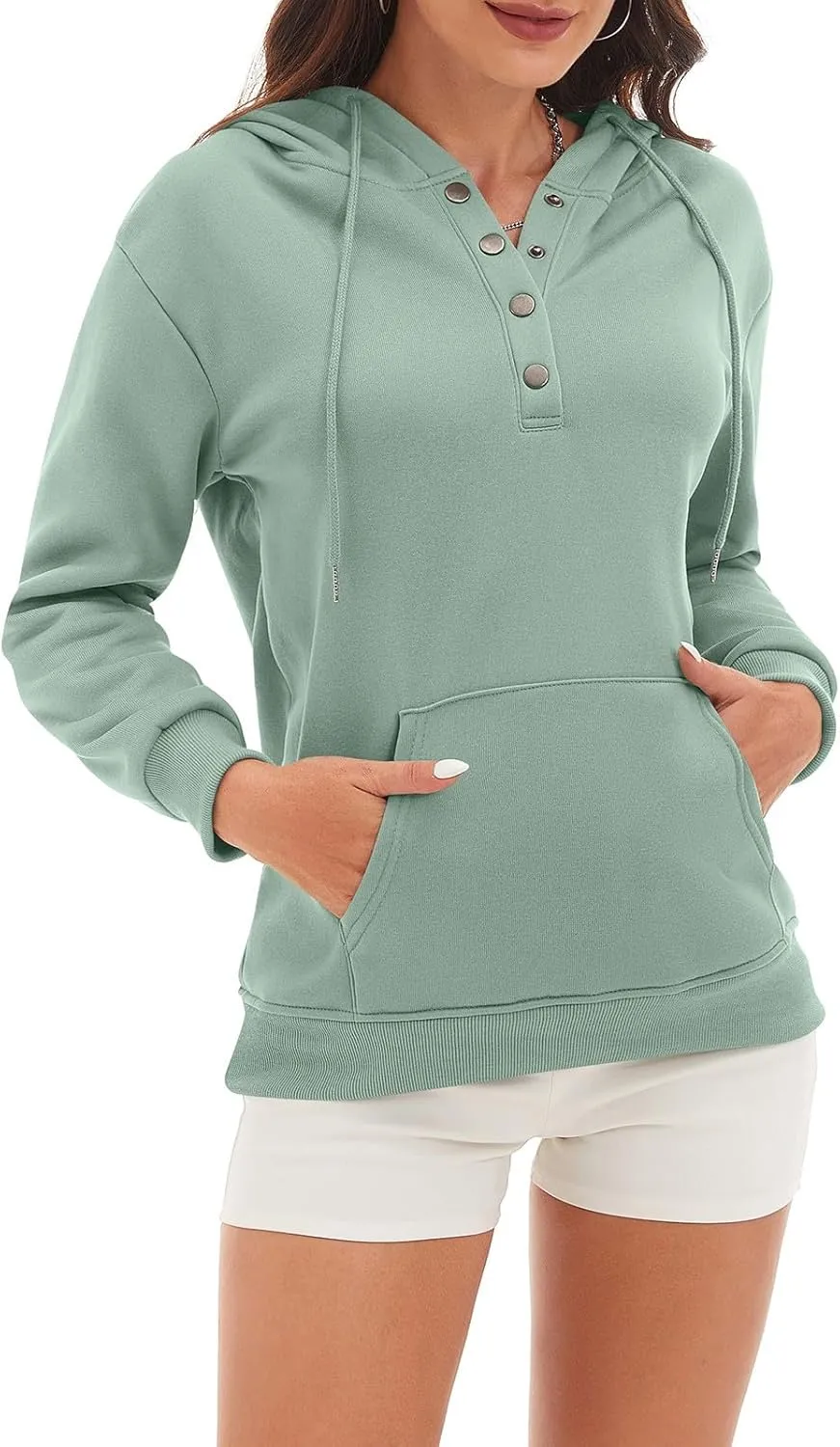 CRNTCEM Womens Button Up Hoodie Sweatshirts V Neck Casual Loose Long Sleeve Drawstring Oversized Pullover Tops with Pockets