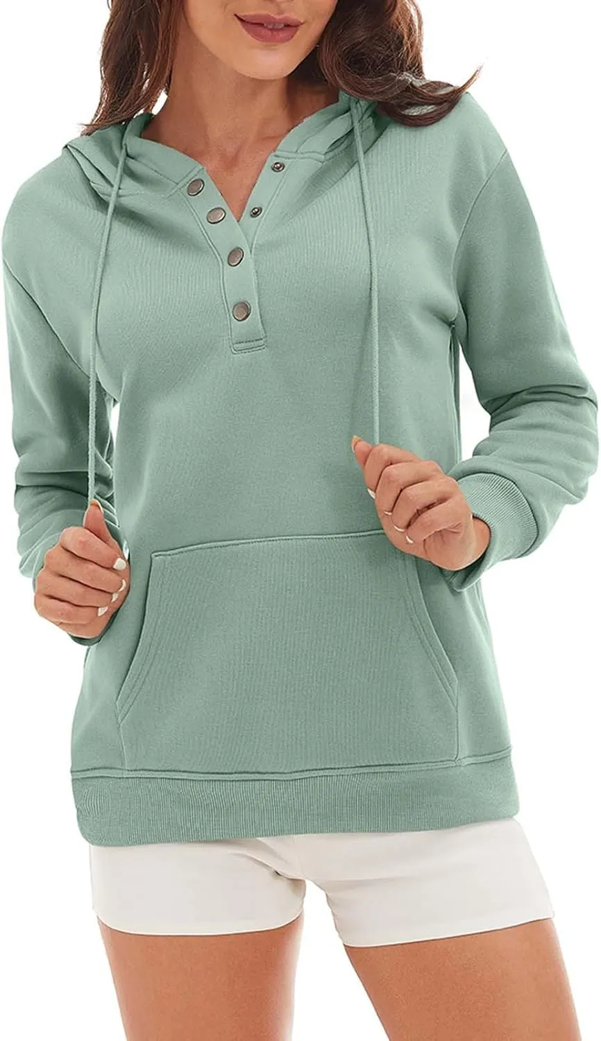 CRNTCEM Womens Button Up Hoodie Sweatshirts V Neck Casual Loose Long Sleeve Drawstring Oversized Pullover Tops with Pockets
